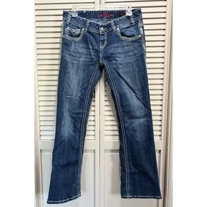 Rock & Roll Cowgirl Bootcut Denim Jeans Pocket‎ Beads Embroidered Gems Sz 29x32